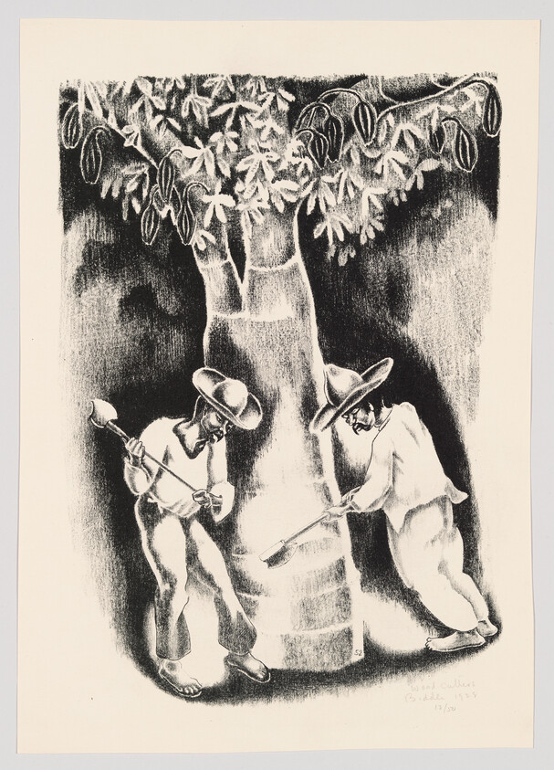 Two men in wide-brimmed hats dig at the base of a large tree with shovels.