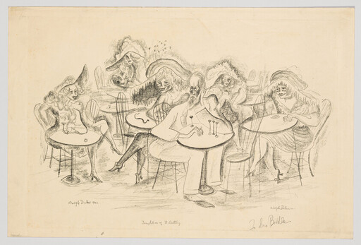 A bearded man sits at a cafe table surrounded by women wearing large hats.