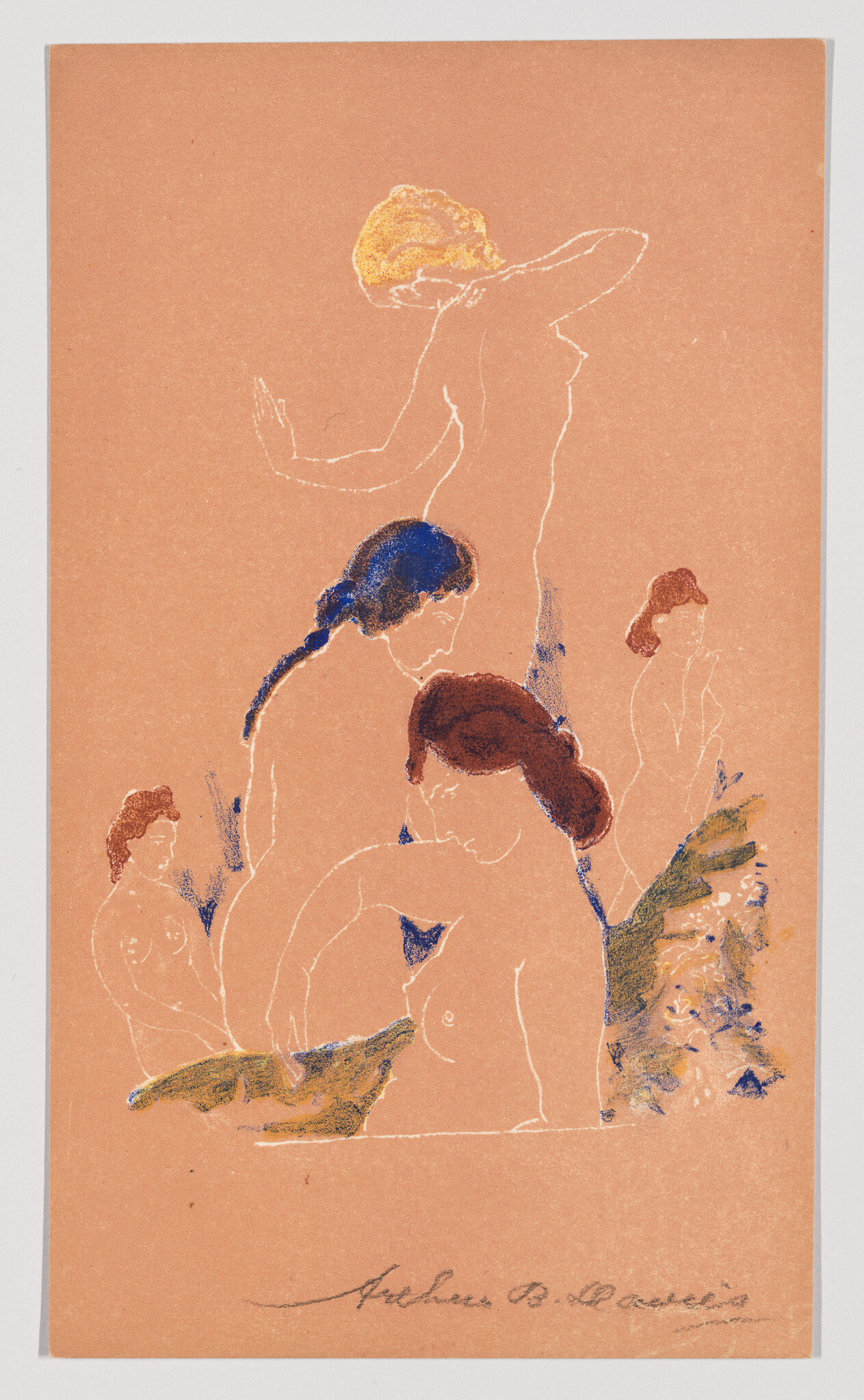 Five standing and seated nude women sketched in colored pastels on a peach background.