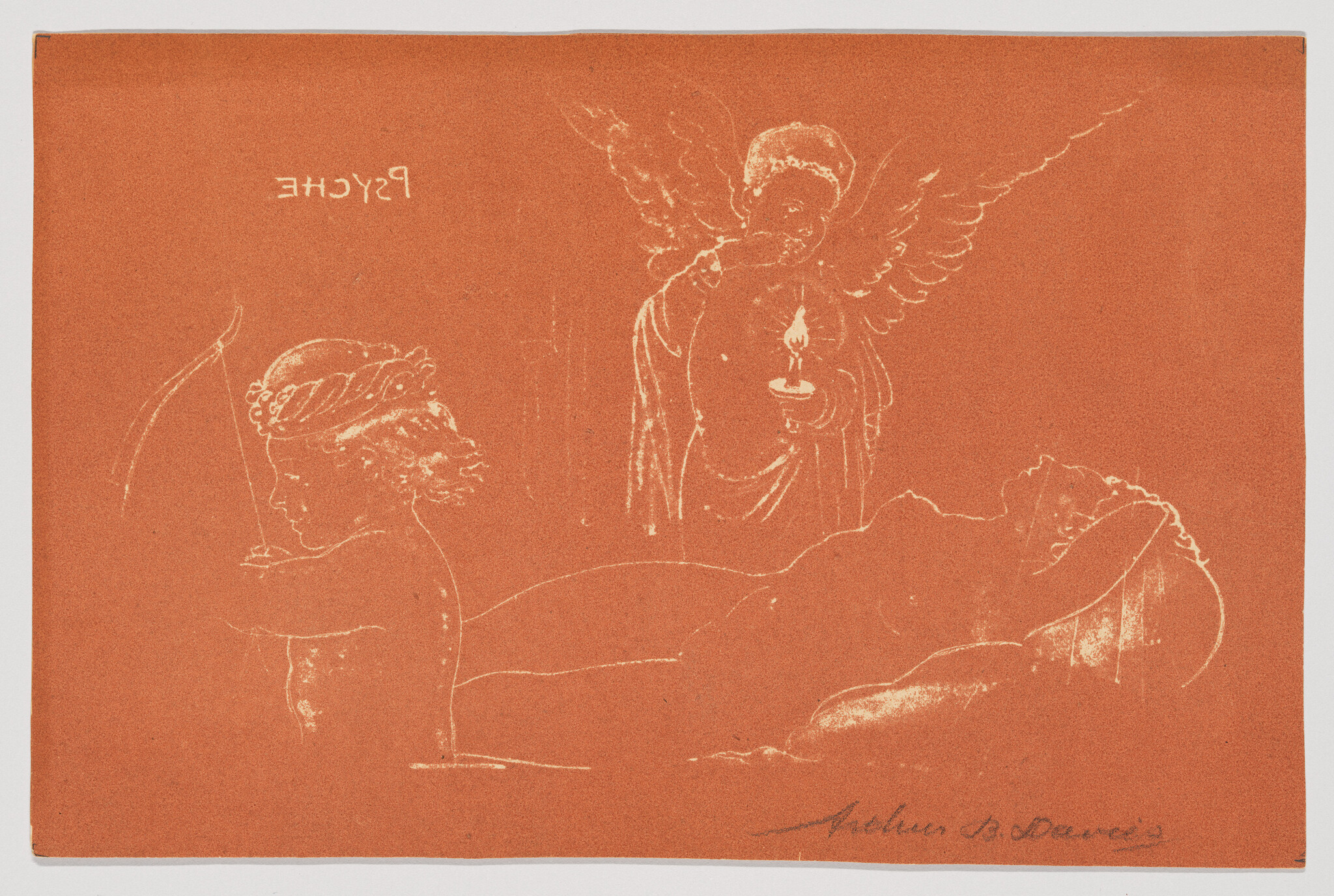 Cherub aims an arrow while an angel holds a candle over a reclining figure labeled Psyche.