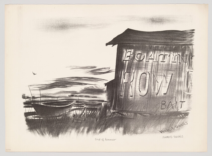 A weathered boathouse with large "ROW" and "BAIT" signs near a small beached rowboat.