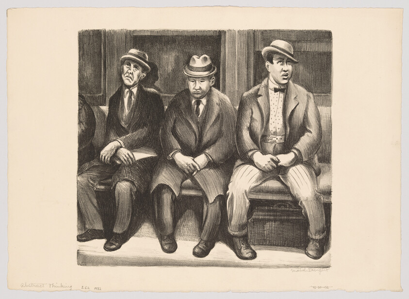 Three men in coats and hats sit side by side on a bench with hands clasped.