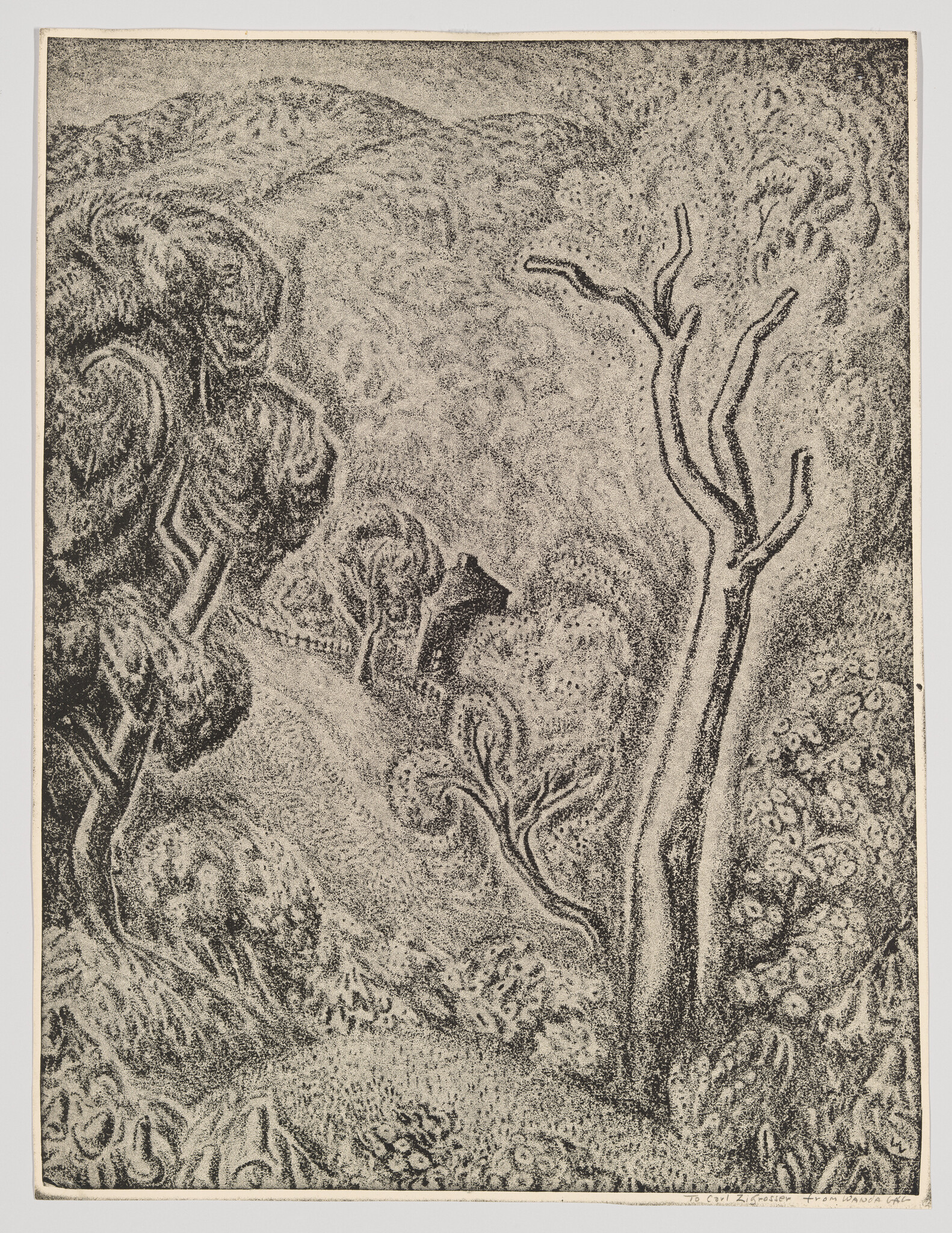 Detailed black and white sketch of a whimsical landscape with barren trees and a small house nestled among rolling hills.