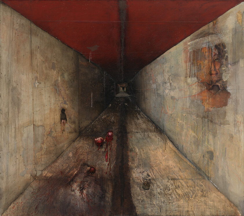 Long narrow corridor with a small figure walking toward distant light and dripping hearts on the floor.