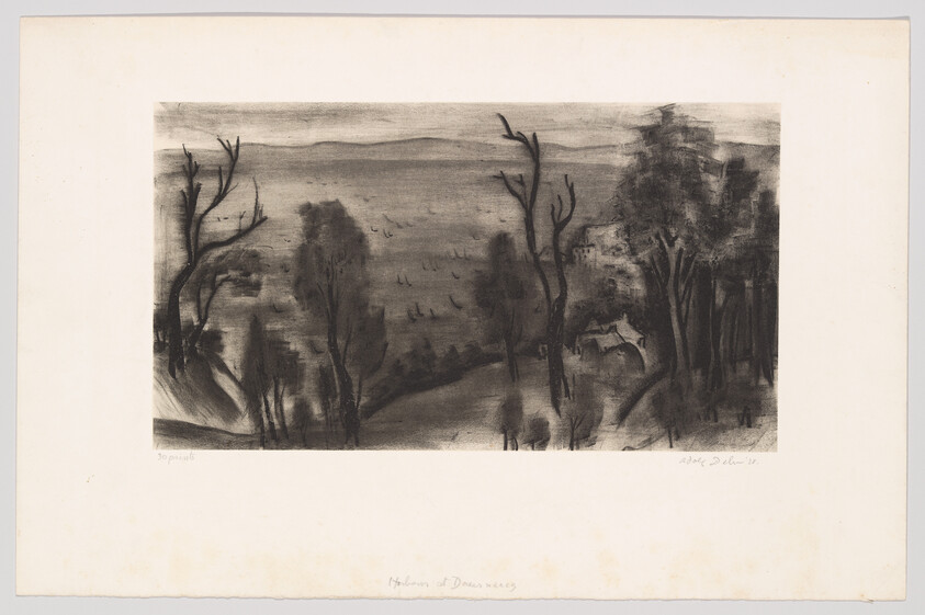 Sparse trees and small houses overlook a calm sea with distant boats on the horizon.