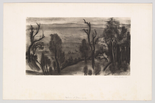 Sparse trees and small houses overlook a calm sea with distant boats on the horizon.