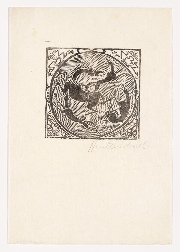 Three stylized fish swim in a circular decorative woodcut design with a patterned border.