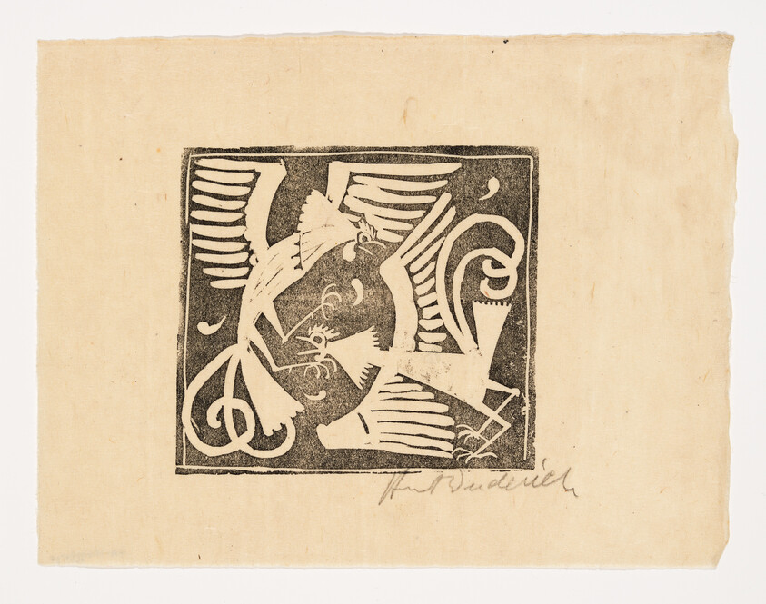 Three stylized birds with outstretched wings arranged in a square woodcut print.