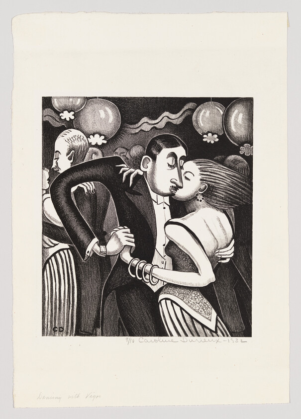 A well-dressed couple embraces and kisses while dancing at a festive, balloon-filled party.