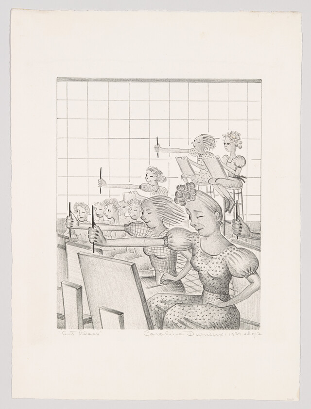 Students in an art class sit at easels and hold up pencils while drawing from a model.