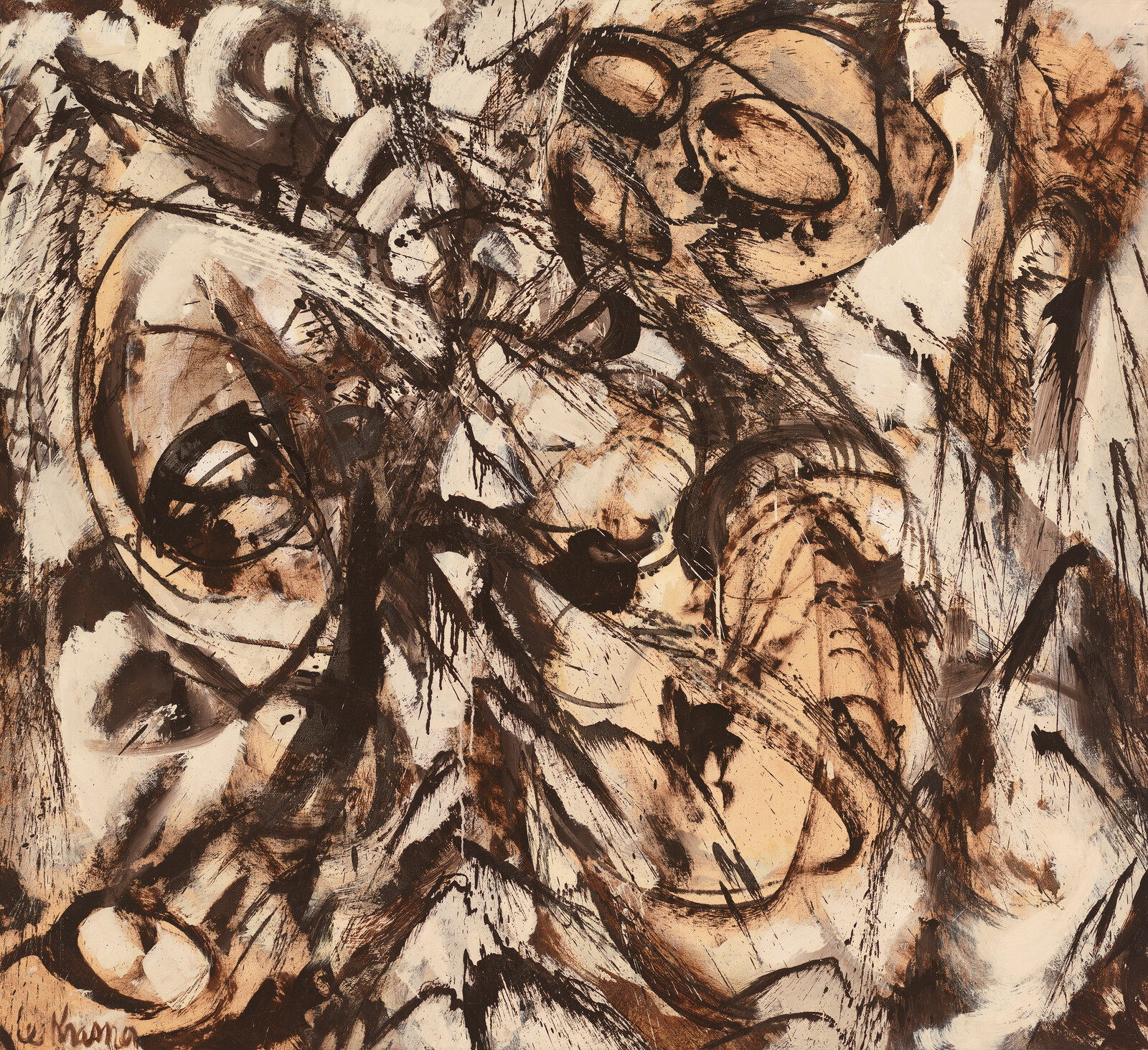 Chaotic brown and black brushstrokes forming overlapping distorted faces and hands in an abstract composition.