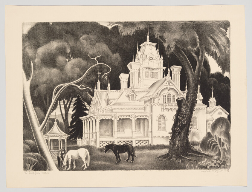 An ornate Victorian mansion sits behind two grazing horses under large trees.