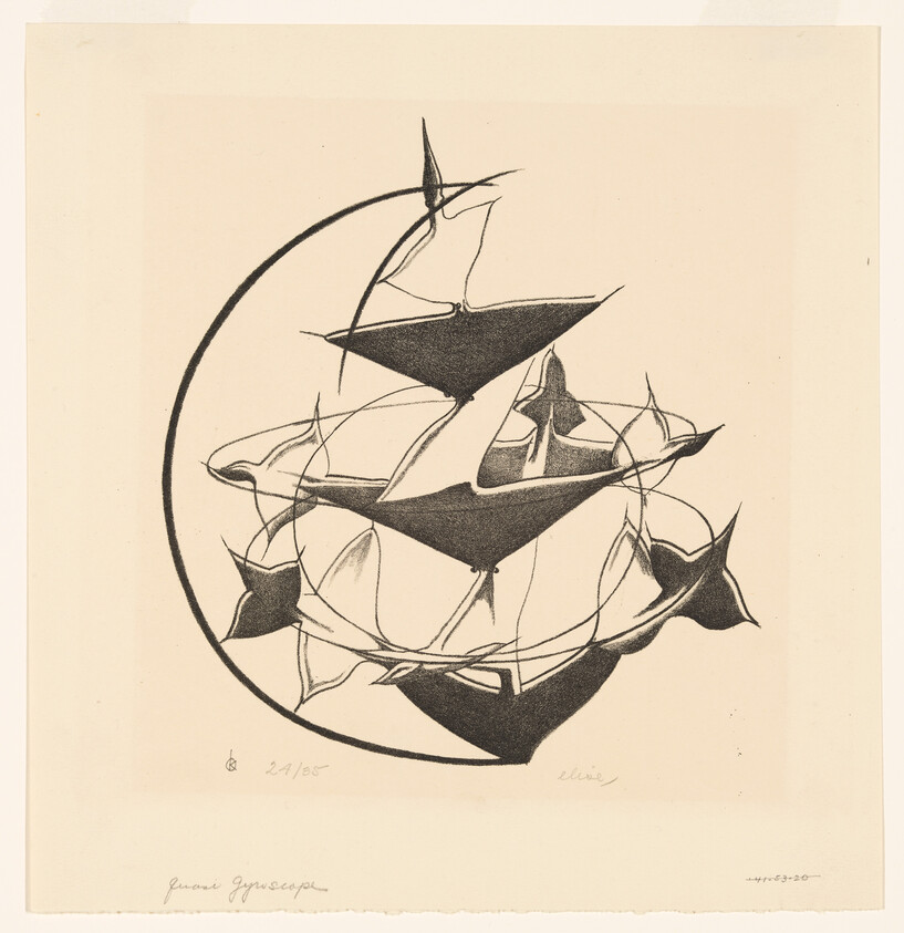 An abstract etching featuring geometric shapes and lines forming a complex, spherical structure with sharp protrusions. The artwork is monochromatic, with black lines on a beige paper. There is a signature and edition number at the bottom, indicating it's the 8th print out of a series of 85.
