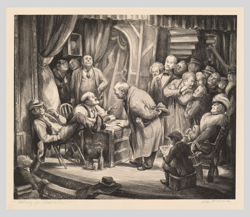 A group of men gather in a theater as a director angrily confronts a seated actor during casting.
