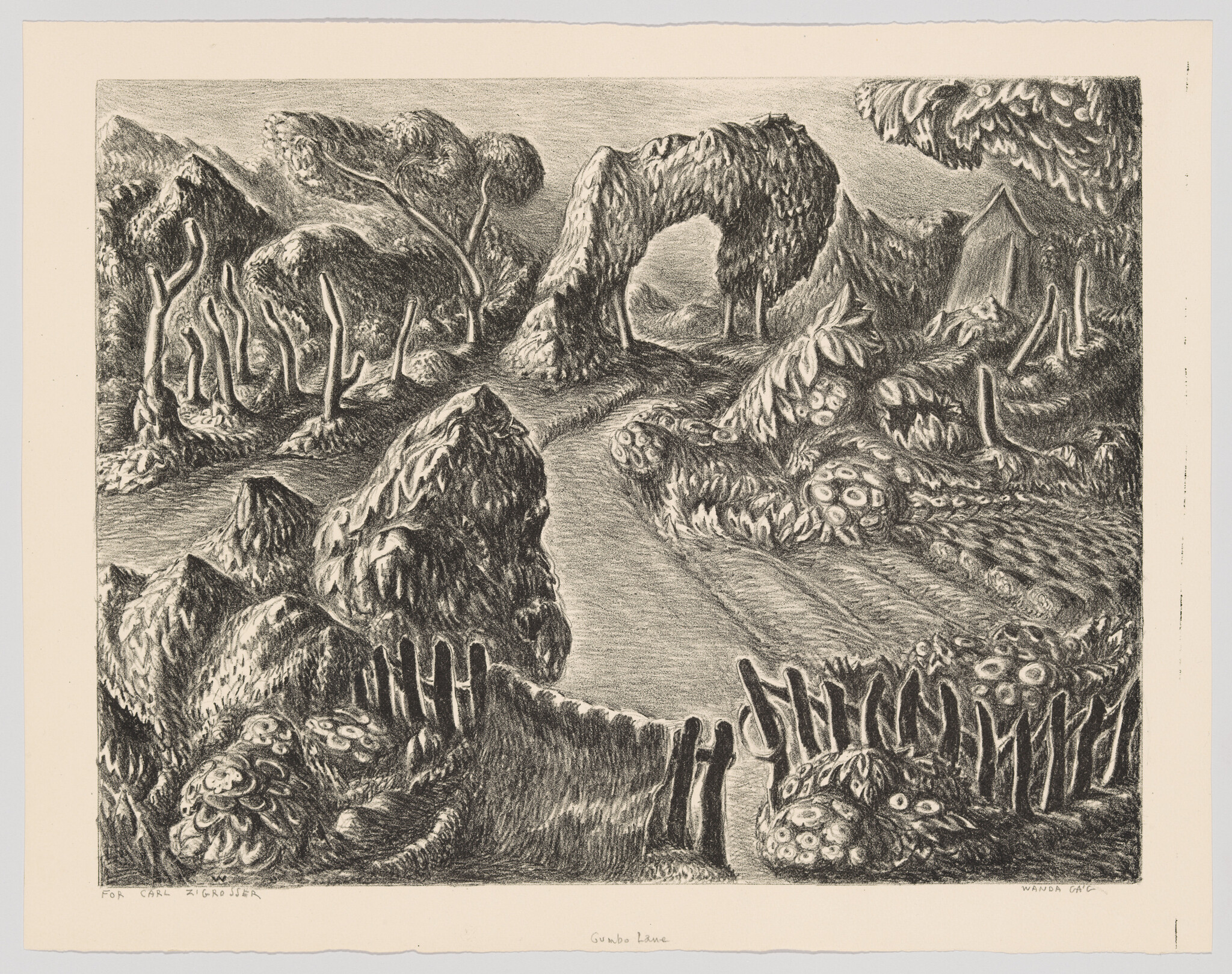 Black and white etching of a whimsical garden with arching trees, patterned plants, and a picket fence.