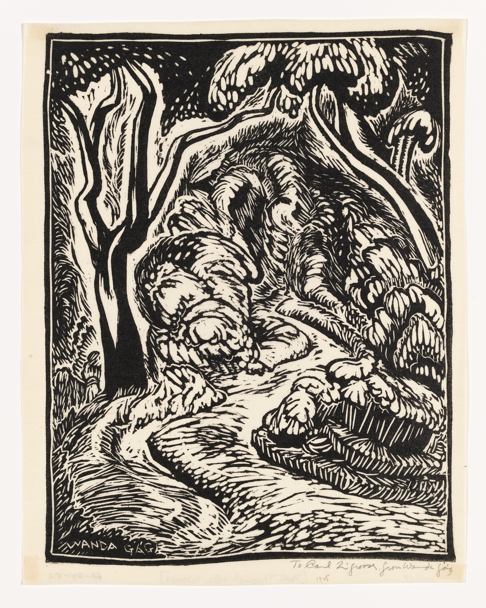 Black and white linocut print of a stylized forest scene with bold lines and contrast, signed "WANDA 1946" in the lower left.