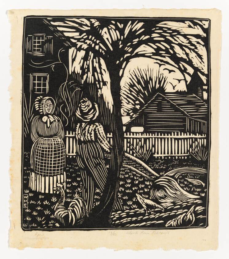 Two women stand in a fenced yard beneath a large tree, with a rooster and farmhouse in background.