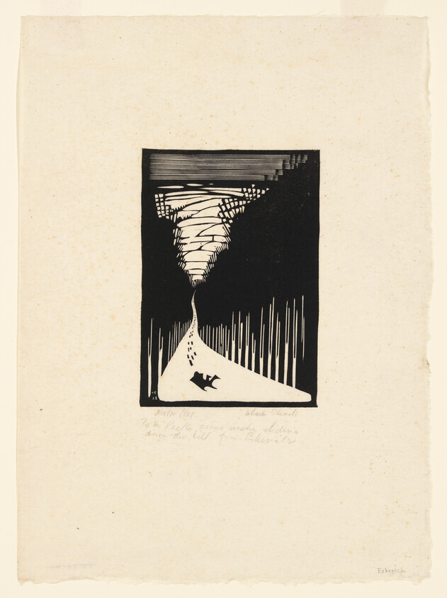 A lone figure collapsed on a snowy path between tall dark trees under a patterned sky.