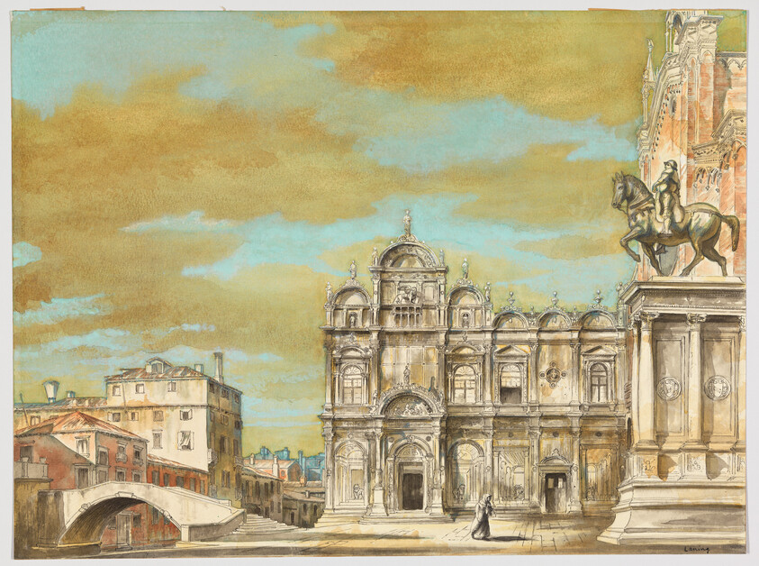 A grand ornate Venetian church façade beside an equestrian statue with a solitary figure in the square.