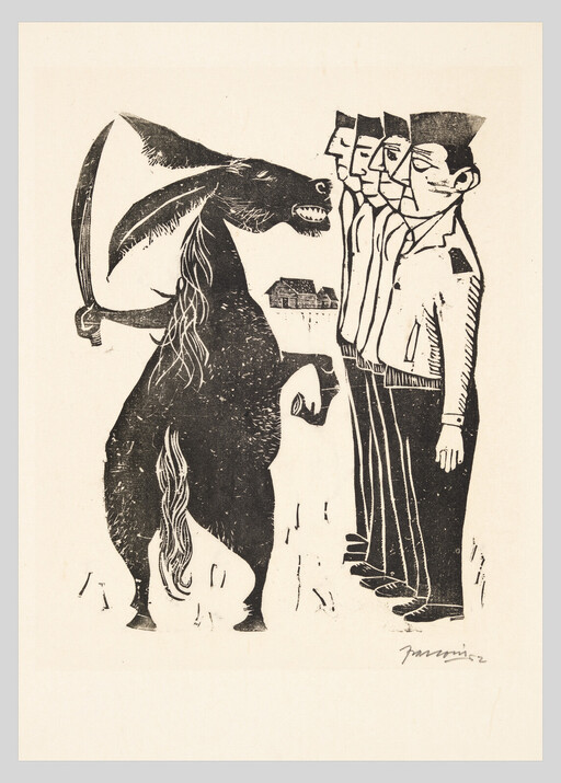 A rearing donkey holds a curved blade while four identical men stand facing it.
