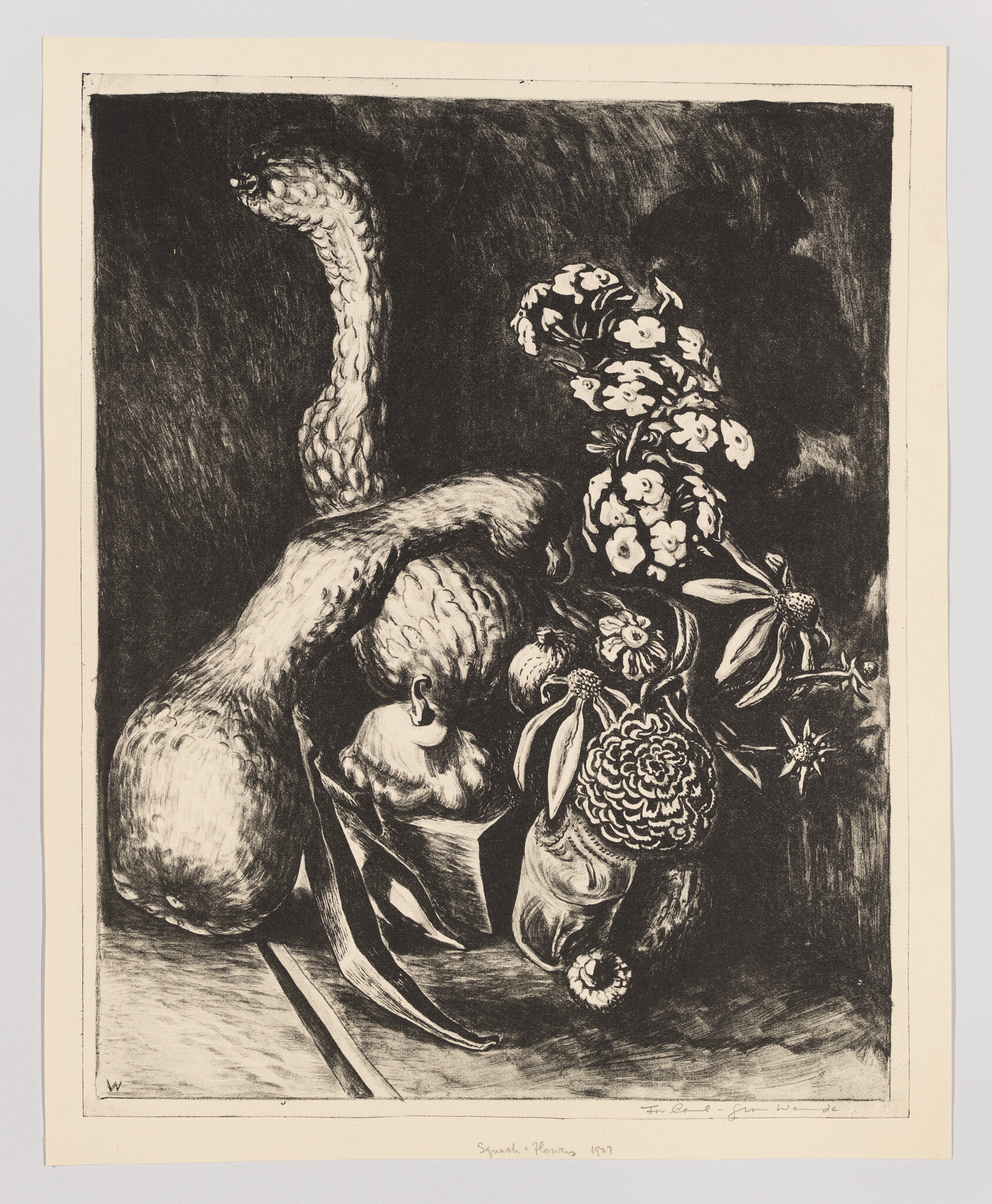 A black and white etching of a snake amidst a bouquet of detailed flowers and plants, signed and dated 1917.