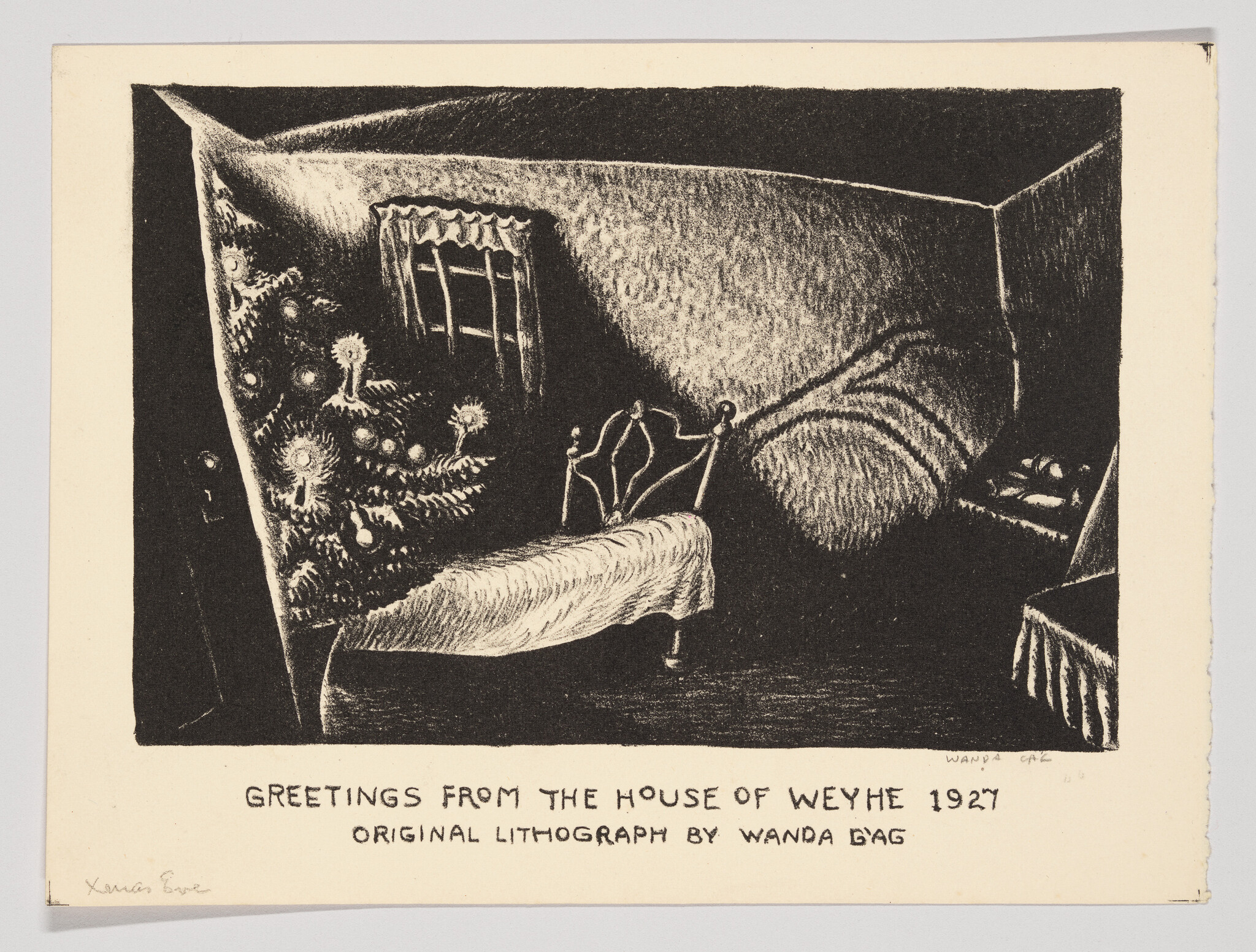 Vintage lithograph titled "Greetings from the House of Weyhe 1927" by Wanda Gág, depicting a dark, cozy room with a bed and window.