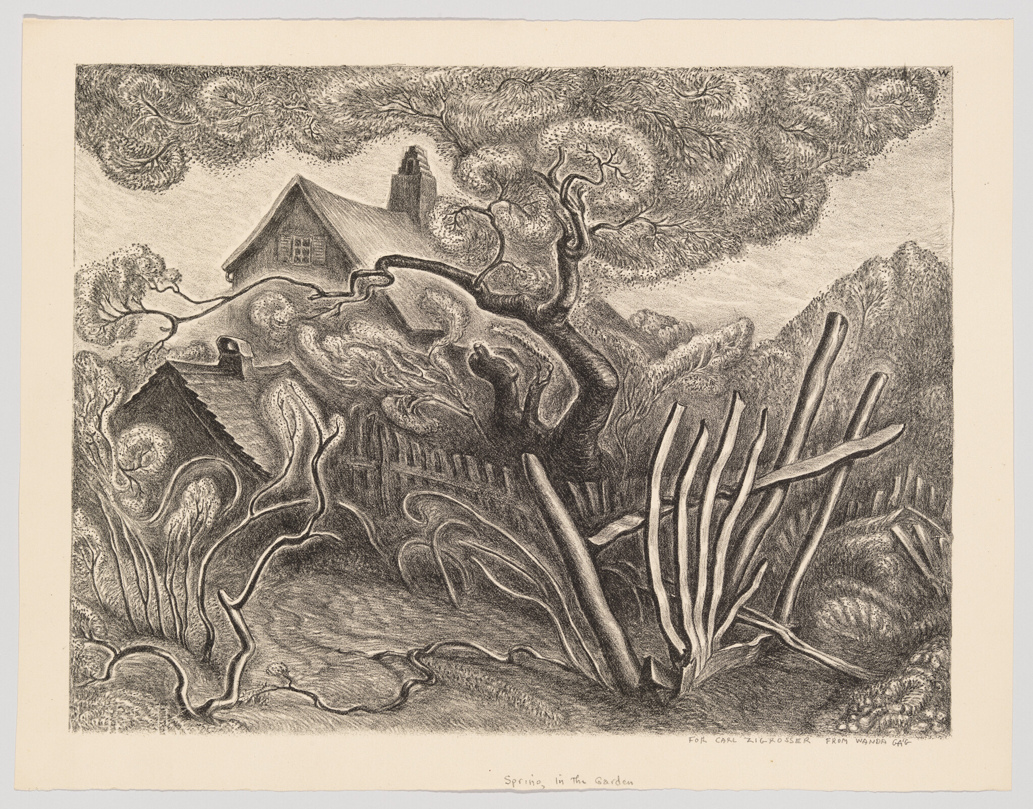 Vintage etching of a whimsical garden with a cottage, swirling trees, and textured vegetation.