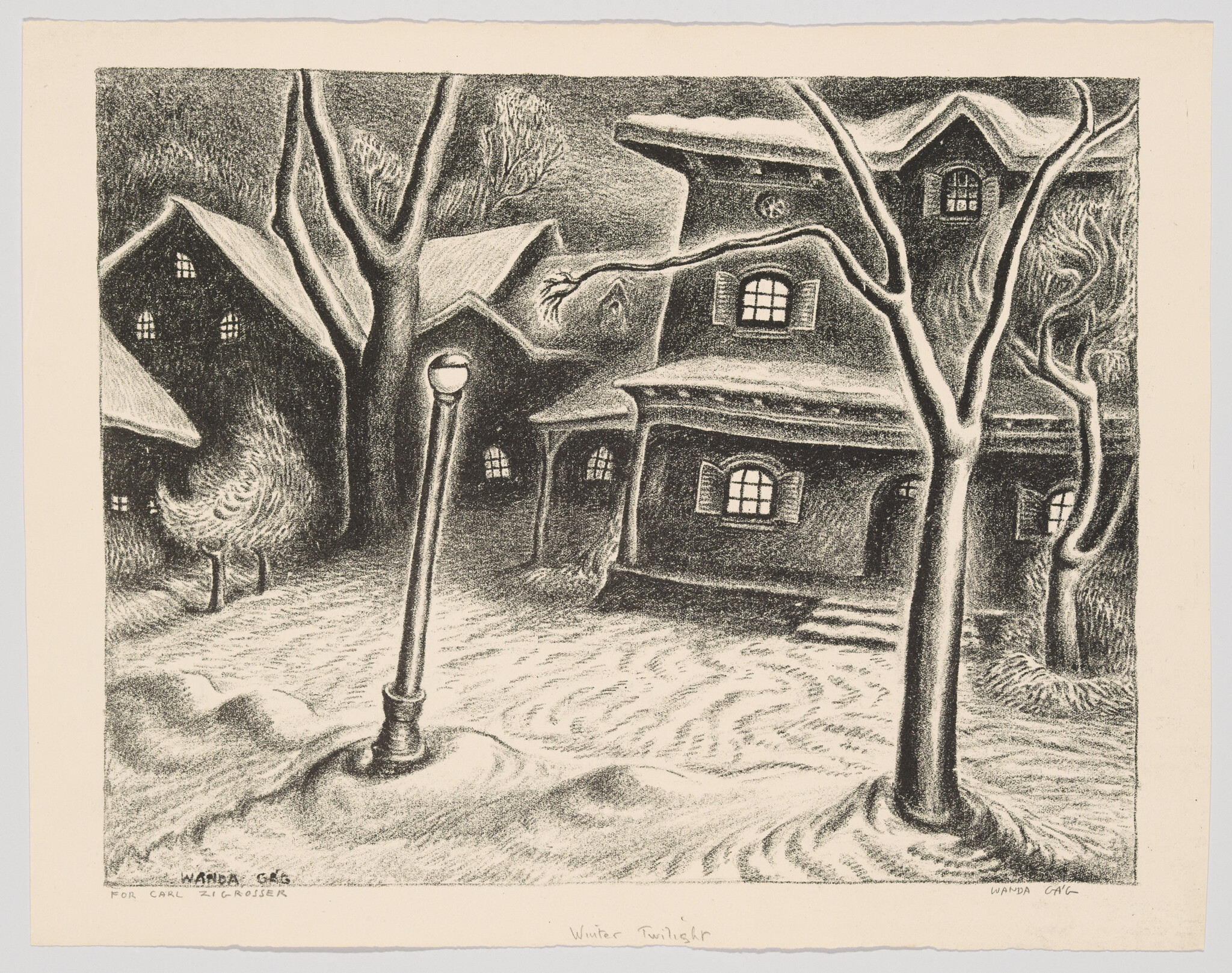 Sketch of a whimsical village with distorted trees and houses, a streetlamp in the foreground, and swirling patterns on the ground.