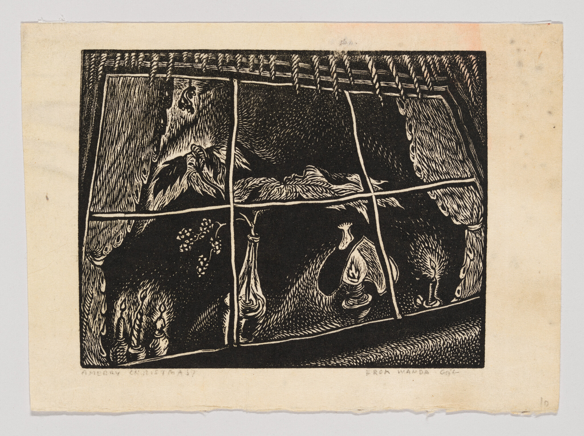 Woodcut of a cozy room with a fireplace, candles, and a window. A figure lies on a bed, surrounded by warm, intricate details.