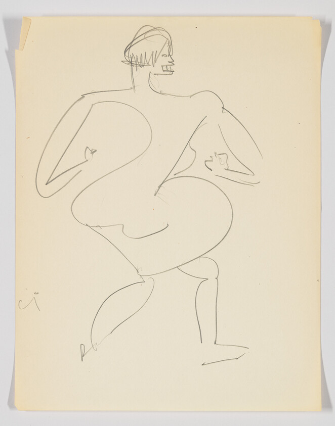 Loose pencil sketch shows a standing nude figure in a bold, curving pose.