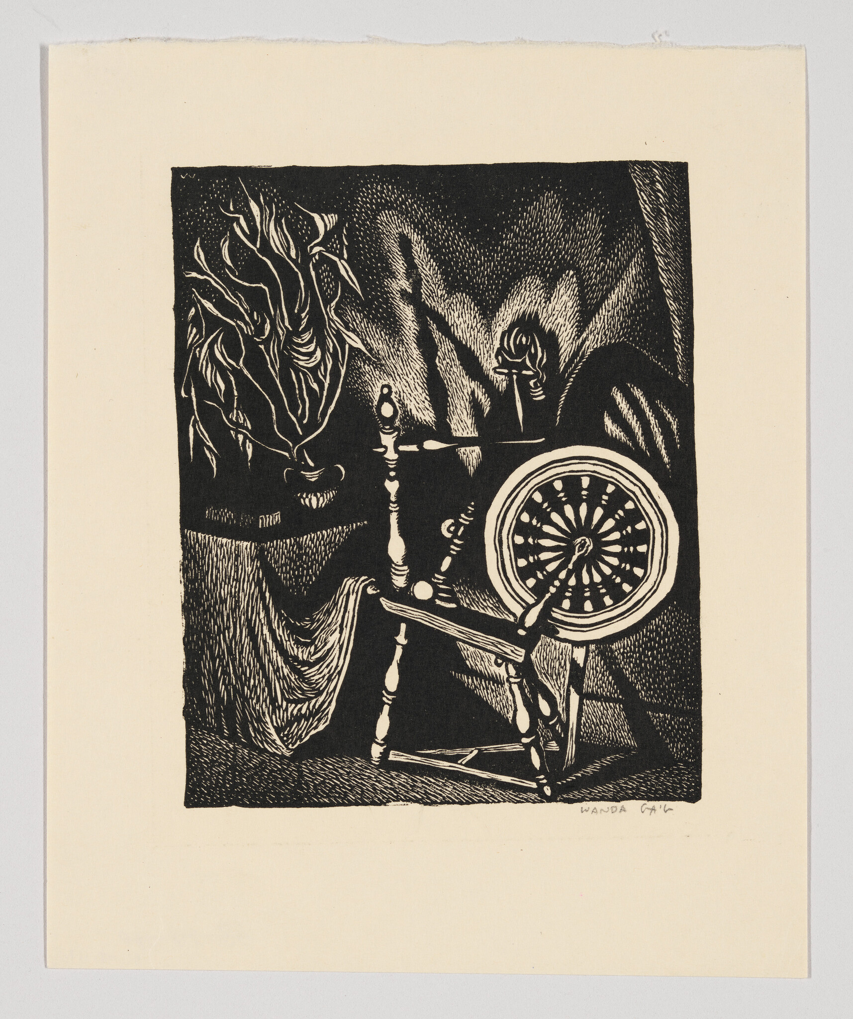 Black and white woodcut print featuring a spinning wheel and candle, with a mysterious, swirling background.