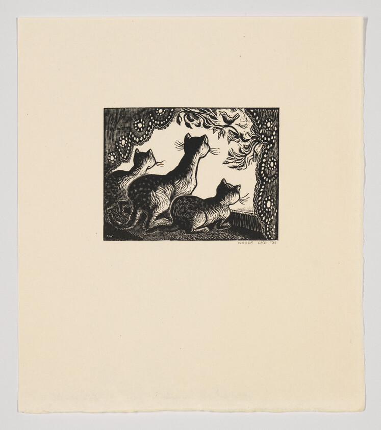 Three cats gazing upwards at a swirling pattern, depicted in a black and white woodcut print.