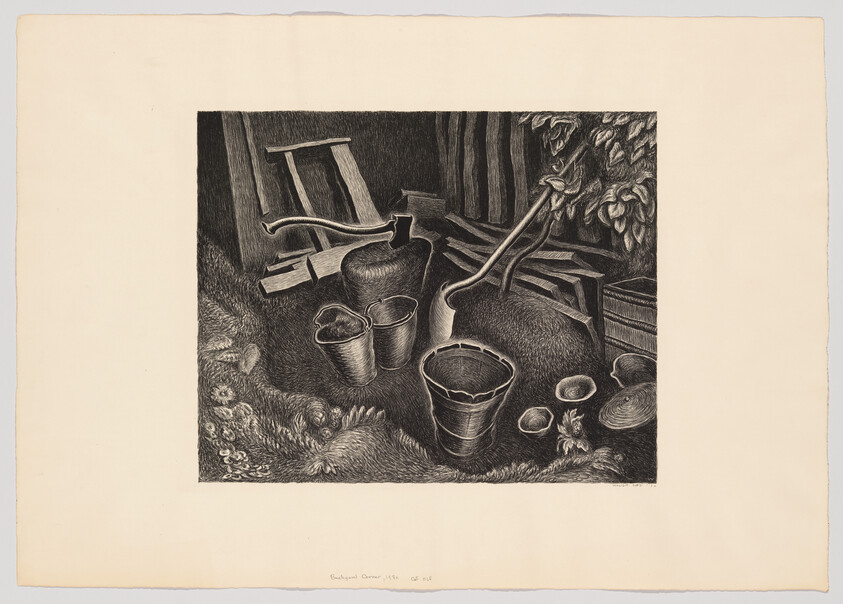 Black and white etching of a cluttered garden shed with tools, pots, and plants.