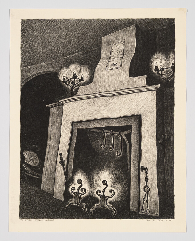 Etching of a stylized fireplace with anthropomorphic flames, wall sconces, and a dark, textured background.