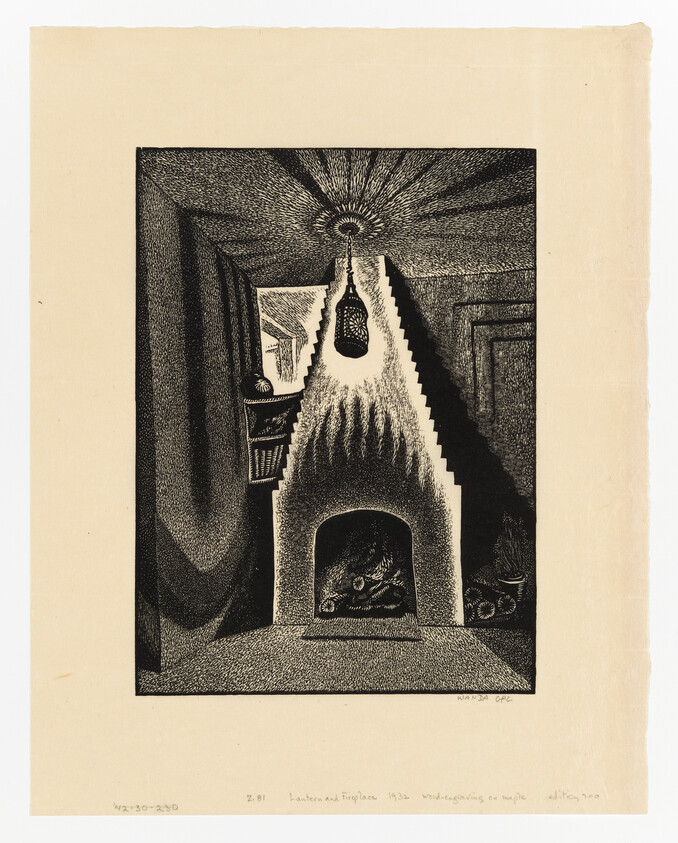 Intricate black and white etching of a surreal interior with exaggerated perspective, featuring a staircase and ornate fireplace.