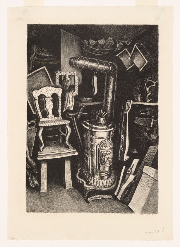 A small wood stove sits in a cluttered room with stacked chairs, boxes, and various household items.