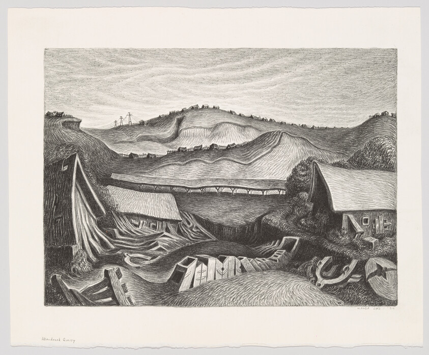 Black and white etching of a hilly landscape with a train bridge and rural buildings, by John Steuart Curry.