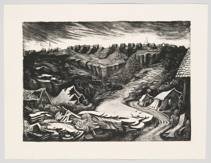 Black and white etching of a rugged landscape with houses, a winding path, and dramatic clouds.