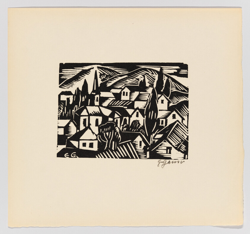 Black-and-white woodcut shows clustered village houses, a tall church steeple, and rolling hills.