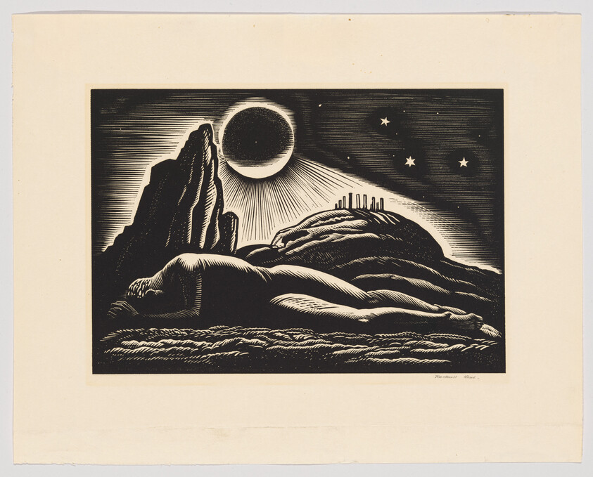 A black and white woodcut print depicting a stylized night scene with a full moon shining above a mountainous landscape. The moon's rays illuminate the clouds and the rugged terrain, while a few stars twinkle in the dark sky. The artwork has a dramatic contrast between the dark sky and the bright moon, with the clouds and mountains rendered in bold, flowing lines to create a sense of movement and texture. The print is signed in the bottom right corner.