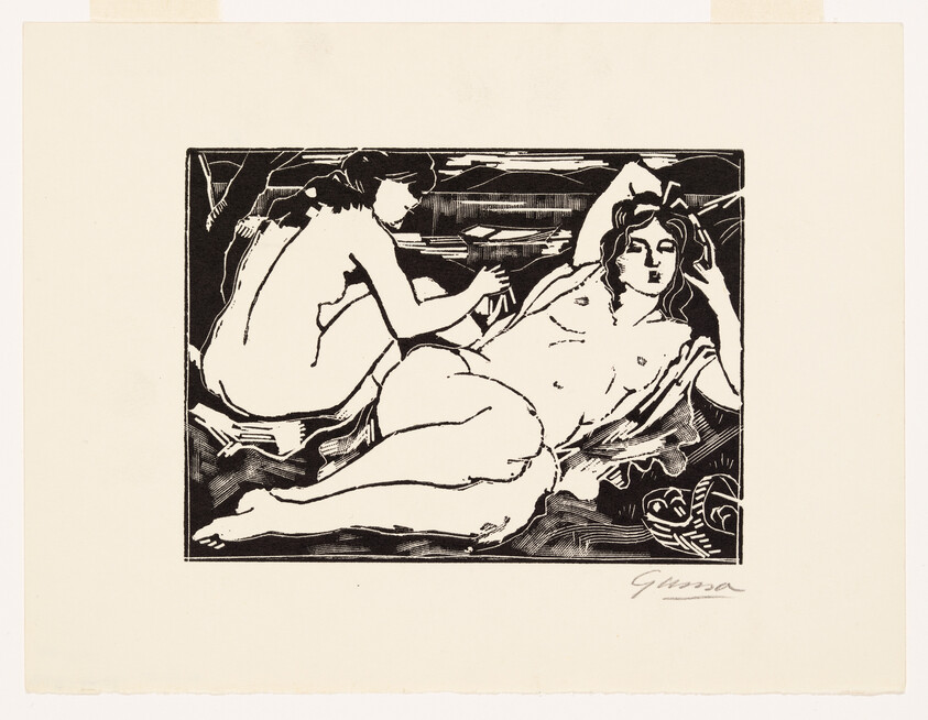Two reclining nude women in a woodcut-style print, one leaning on her elbow while the other sits behind.