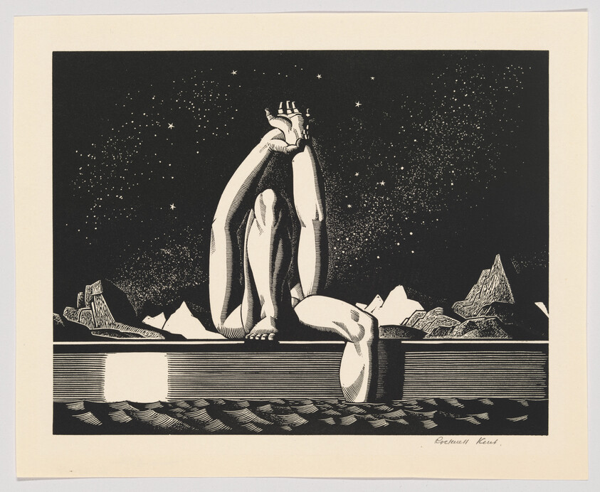 A black and white print depicting a stylized figure sitting on a platform with its head resting in its hand, surrounded by a starry night sky and abstract geometric shapes resembling mountains or crystals. The figure appears contemplative or sorrowful. The foreground shows a patterned texture that could represent water or another surface, and the artist's signature is visible in the lower right corner.