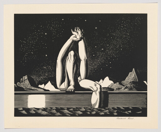 A stylized nude figure sits on a ledge with arms raised beneath a starry sky.