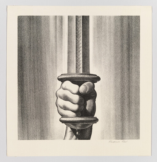 A hand firmly grips the hilt of a vertically held sword in a detailed black-and-white drawing.