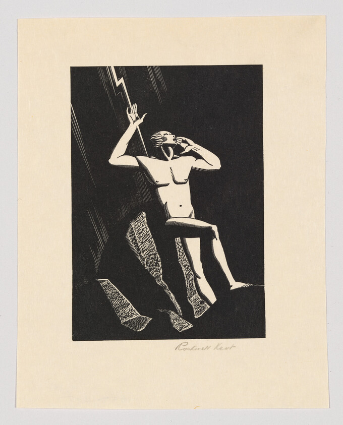 A black and white illustration depicting a figure seated with one arm raised towards a lightning bolt, surrounded by rain-like lines, against a dark background, signed "Rockwell Kent" at the bottom right.