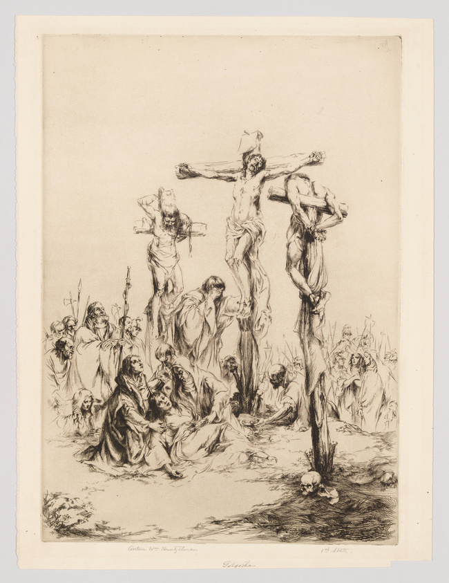 Etching depicting the crucifixion scene with Jesus on the central cross and two others crucified on either side. A group of mourners, including several figures in various states of distress, is gathered at the foot of the crosses. The artwork is detailed, with expressive line work and shading, and includes a signature and inscription at the bottom.