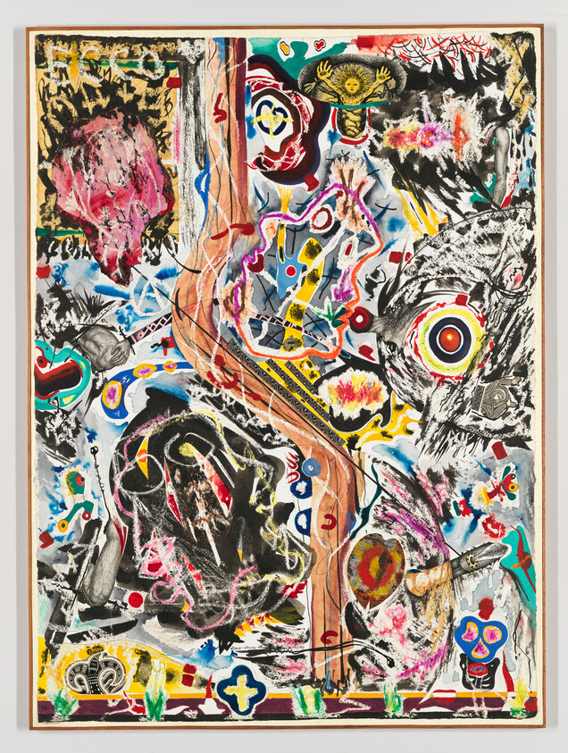 Colorful abstract painting filled with swirling shapes, bold eyes, and a central wavy beige ribbon.