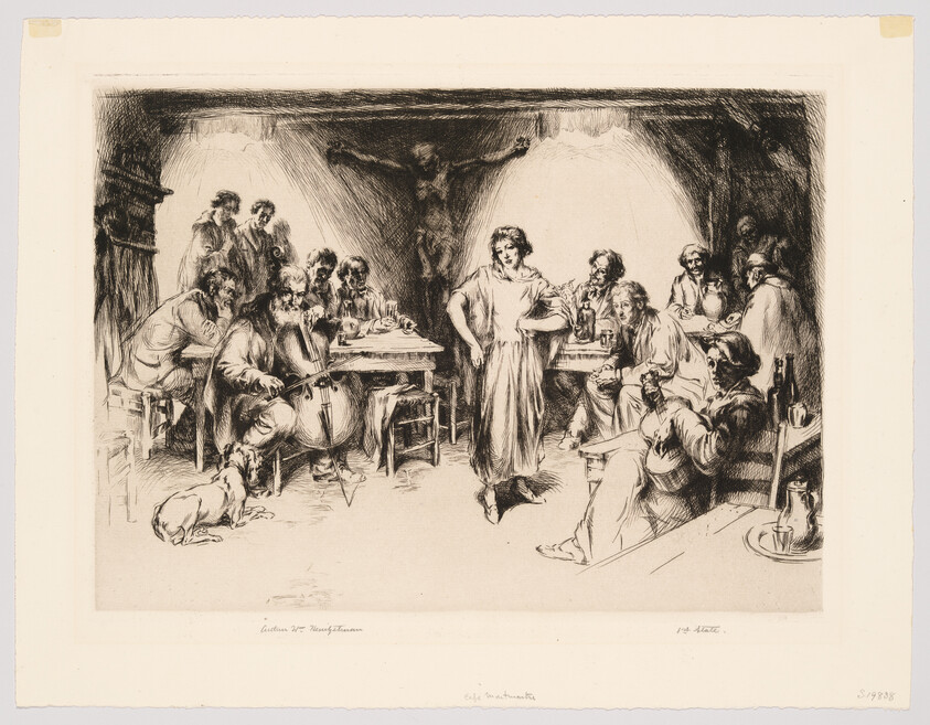 A young woman stands in the center of a crowded tavern while musicians and diners watch.
