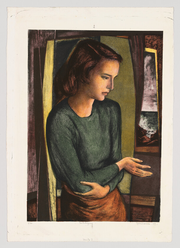 A woman in a green sweater stands by a window, looking down at her folded hands.