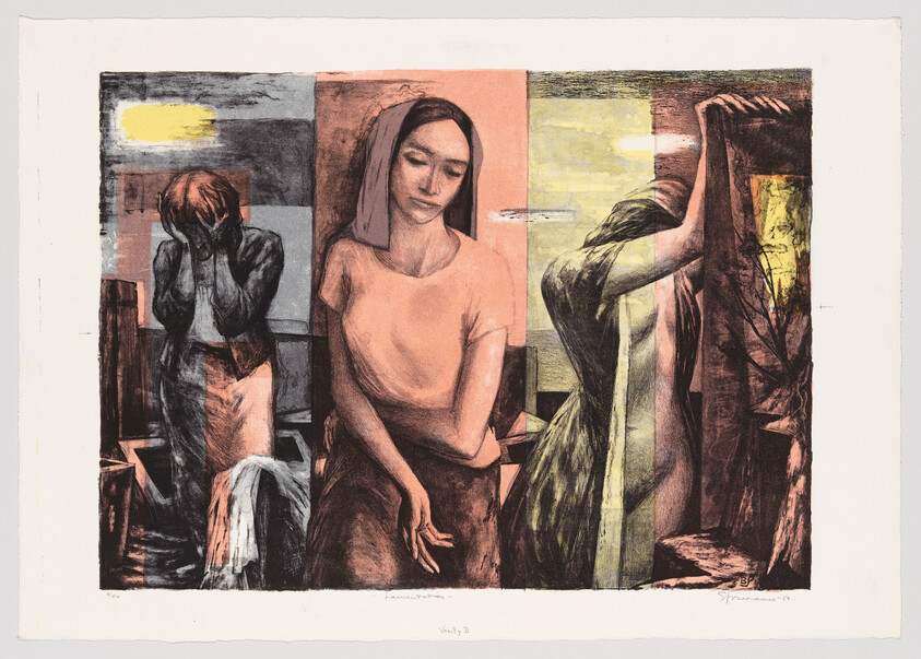 Three women in separate panels showing grief, quiet reflection, and a woman pulling back a curtain.